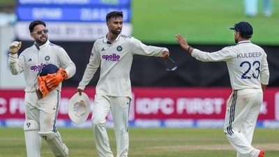 Manav Suthar was the pick of the Indian bowlers with four wickets. Sri Lanka were bowled out for 284, giving India a 178-run first-innings lead. However, shortly after rain came to close out the day. (PTI) Manav Suthar was the pick of the Indian bowlers with four wickets. Sri Lanka were bowled out for 284, giving India a 178-run first-innings lead. However, shortly after rain came to close out the day. (PTI)