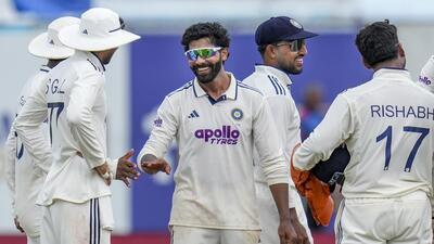 Ravindra Jadeja celebrates after taking the wicket of Sri Lanka's Keshara Nuwantha on Day 3 of Galle Test. (PTI)