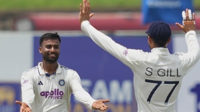 Manav Suthar celebrates the wicket of Sri Lanka's Lahiru Udara. (AP Photo/Eranga Jayawardena) Manav Suthar celebrates the wicket of Sri Lanka's Lahiru Udara. (AP Photo/Eranga Jayawardena)