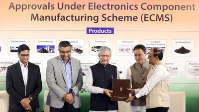 Union minister Ashwini Vaishnaw and Union MoS Jitin Prasada during handing over of approvals under the Electronics Component Manufacturing Scheme, in New Delhi on Monday (ANI) Union minister Ashwini Vaishnaw and Union MoS Jitin Prasada during handing over of approvals under the Electronics Component Manufacturing Scheme, in New Delhi on Monday (ANI)