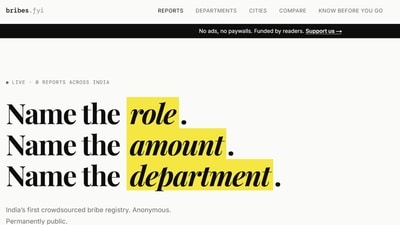 The website aggregates the reported data into three sections — reports, departments and cities. (Screengrab/bribes.fyi)