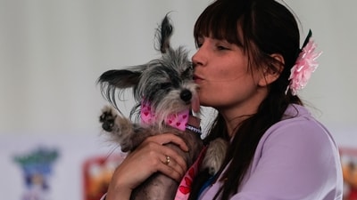 Klara and her owner Marcelina compete in the "World's Ugliest Dog Contest" on August 14, 2026 in Santa Rosa, California. (Getty Images via AFP)