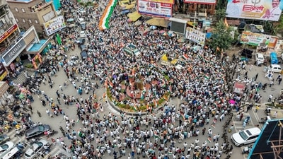 A drone view shows job aspirants and students taking out a massive 'Tiranga Yatra' procession to protest against the Jharkhand government over the JPSC and JSSC-CGL exam paper leak issues, in Ranchi on Saturday. (PTI) A drone view shows job aspirants and students taking out a massive 'Tiranga Yatra' procession to protest against the Jharkhand government over the JPSC and JSSC-CGL exam paper leak issues, in Ranchi on Saturday. (PTI)
