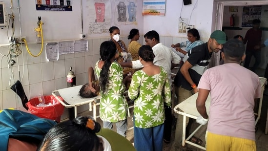 Injured people receive treatment at a hospital following a stampede at the Ashok Dham in Lakhisarai, Bihar, Monday, Aug. 17, 2026.