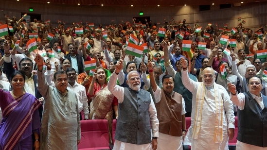 Prime Minister Narendra Modi along with union ministers Amit Shah, second right, Nitin Gadkari at Parliament Building, in New Delhi.