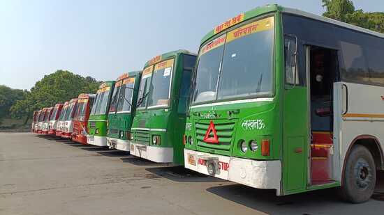 UPSRTC buses at Leader Road Bus Depot in Prayagraj (HT)