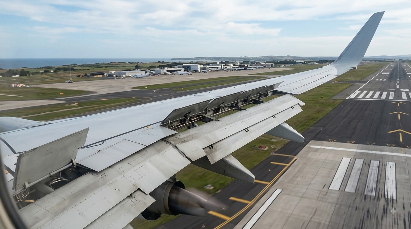 Airplane flap and spoilers opening up during a landing. (Gemini) Airplane flap and spoilers opening up during a landing. (Gemini)