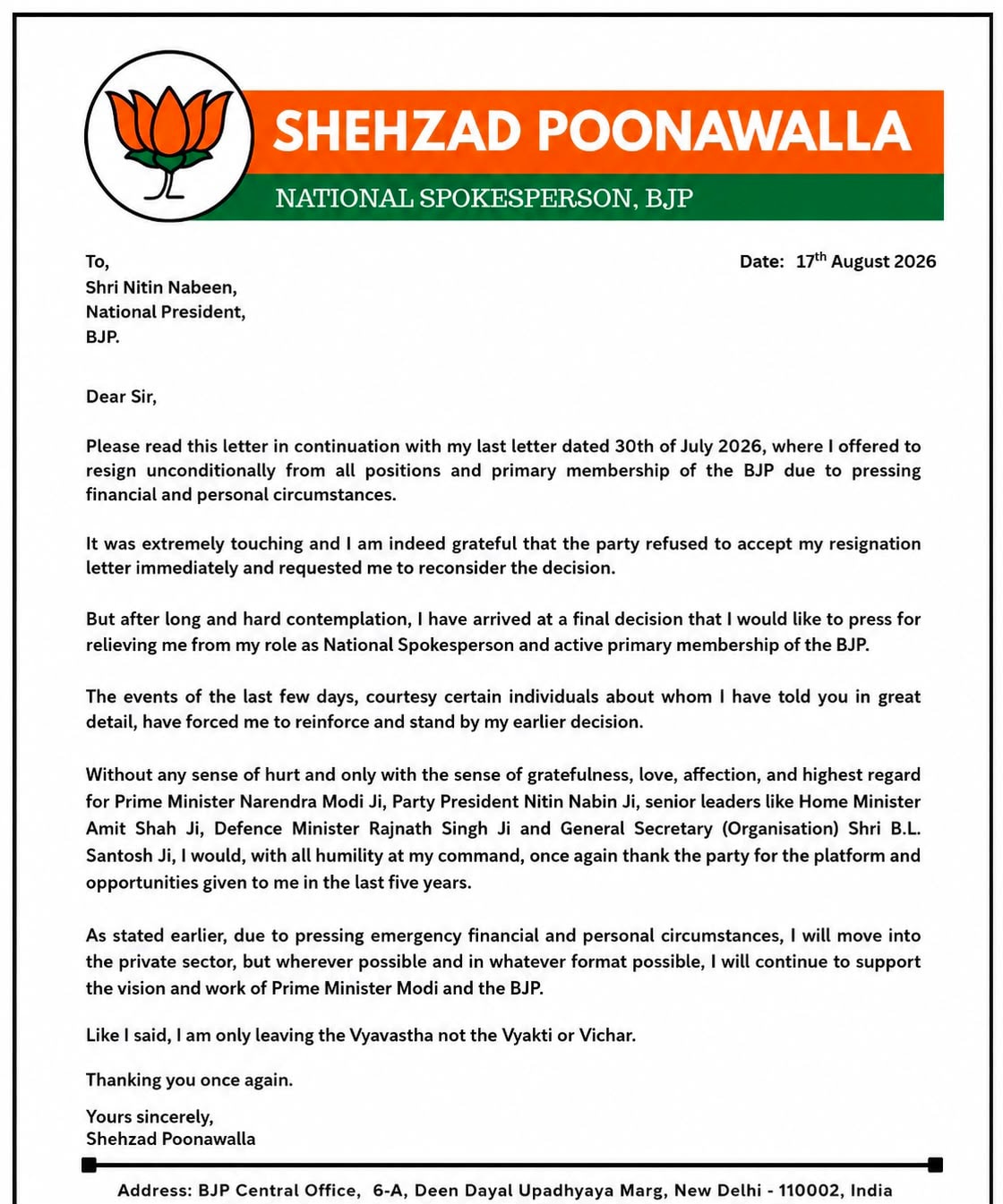 Shehzad Poonawalla's letter to BJP president Nitin Nabin.