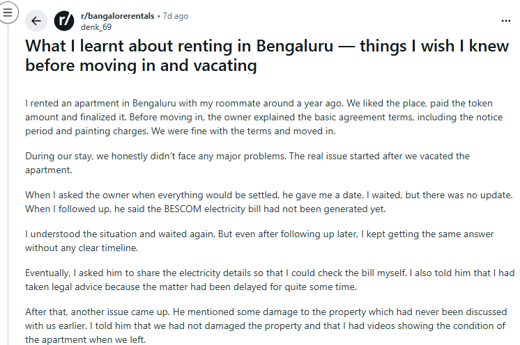 Bengaluru tenant shares rental checklist: Check lights, fans, taps, geyser, switches, sockets, locks and other fittings before finalising a property. (Reddit) Bengaluru tenant shares rental checklist: Check lights, fans, taps, geyser, switches, sockets, locks and other fittings before finalising a property. (Reddit)