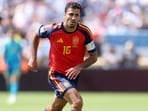 Rodri #16 of Spain runs with the ball during the FIFA World Cup 2026 Final match between Spain and Argentina at New York New Jersey Stadium