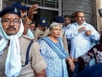 Giribala Singh, mother-in-law of Twisha Sharma, comes out of the court after a hearing in connection with Twisha Sharma death case, in Bhopal on Tuesday.