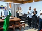Himachal Pradesh Chief Minister Sukhvinder Singh Sukhu virtually flags off 25 e-buses for Mandi district, in Shimla on Monday. (ANI)