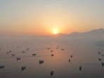 A drone view shows vessels in the Strait of Hormuz, as seen from Musandam, Oman, June 15, 2026. 