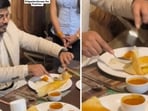 Snippets from a video showing a man teaching how to eat a dosa with cutlery. 