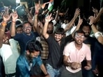 JPSC-JSSC aspirants celebrate after the Jharkhand government accepted their demands and cancelled the JSSC-CGL exam and all exams conducted on behalf of TDPL, in Ranchi on Monday.