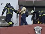 Mumbai, India - Aug. 17, 2026: Mumbai Fire Brigade personnel douse a fire that broke out in the basement of Aayakar Bhavan on Maharshi Karve Road, in Mumbai, India, on Monday, August 17, 2026. (Photo by Anshuman Poyrekar/Hindustan Times) (Anshuman Poyrekar/HT Photo)