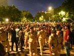 Police personnel at the site during the protest by Cockroach Janta Party (CJP) demanding the resignation of Union Education Minister Dharmendra Pradhan over the NEET paper leak issue, at Jantar Mantar, in New Delhi on July 24, 2026. 