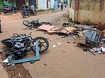 A motorcycle, furniture, and other articles belonging to the Shagya forest office lay damaged on a road after relatives of alleged poachers, who were killed in an exchange of fire with forest personnel in the Datti forest area under the Shagya range, vandalised the forest office after the encounter, at Hanur taluk, Karnataka. 