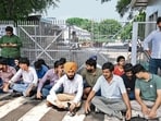 Students during the protest outside the V-C office in Panjab University, Chandigarh, on Monday (Keshav Singh/HT)