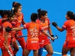 The Indian women’s hockey team celebrates during the FIH Hockey World Cup 2026 Women's Pool D match between India and South Africa in Amstelveen, Netherlands. (Getty Images)