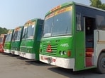 UPSRTC buses at Leader Road Bus Depot in Prayagraj (HT)
