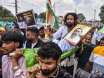 Student leader Devendra Nath Mahto being carried during a march towards Jharkhand Assembly amid a protest over alleged irregularities in the 14th JPSC examination.