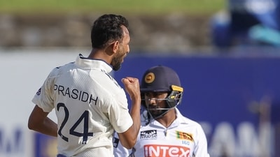 India's Prasidh Krishna celebrates the wicket of Sri Lanka's Kamindu Mendis on day 4. This was the third Sri Lanka wicket to fall.&nbsp; (ANI Pic Service)