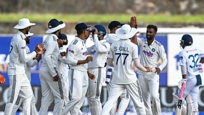 India's Manav Suthar celebrates with teammates after taking the wicket of Sri Lanka's Pasindu Sooriyabandara. &nbsp;Sooriyabandara had earlier come in as the concussion substitute for Dinesh Chandimal. However, he was dismissed for a golden duck.&nbsp; (AFP)