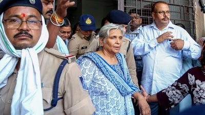 Giribala Singh, mother-in-law of Twisha Sharma, comes out of the court after a hearing in connection with Twisha Sharma death case, in Bhopal on Tuesday. (ANI/File)