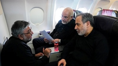 Iranian Parliament Speaker Mohammad Bagher Ghalibaf and Iranian Foreign Minister Abbas Araqchi en route to Zurich, Switzerland, June 20, 2026. (via REUTERS File)