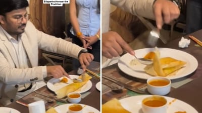 Snippets from a video showing a man teaching how to eat a dosa with cutlery. (Instagram/@westernwingsspokenenglish) Snippets from a video showing a man teaching how to eat a dosa with cutlery. (Instagram/@westernwingsspokenenglish)