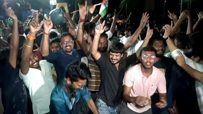 JPSC-JSSC aspirants celebrate after the Jharkhand government accepted their demands and cancelled the JSSC-CGL exam and all exams conducted on behalf of TDPL, in Ranchi on Monday. (ANI Video Grab)