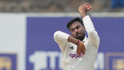 Manav Suthar in action against Sri Lanka on Day 3 of Galle Test. (AP) Manav Suthar in action against Sri Lanka on Day 3 of Galle Test. (AP)