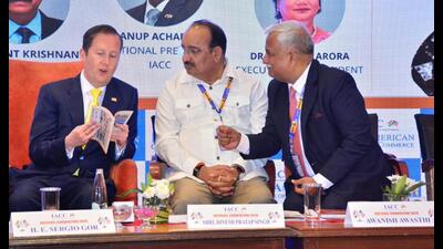 Minister of state Dinesh Pratap Singh (centre) and chief minister Yogi Adityanath’s advisor Awanish Awasthi interacting with US ambassador to India Sergio Gor at the event in Mumbai. (Sourced) Minister of state Dinesh Pratap Singh (centre) and chief minister Yogi Adityanath’s advisor Awanish Awasthi interacting with US ambassador to India Sergio Gor at the event in Mumbai. (Sourced)
