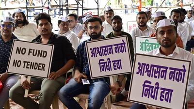 Mumbai, India - Aug. 18, 2026: Contractors stage a protest, demanded their pending dues from the Maharashtra government, at Azad Maidan in Mumbai, India, on Tuesday, August 18, 2026. (Photo by Anshuman Poyrekar/Hindustan Times) (Anshuman Poyrekar/HT Photo) Mumbai, India - Aug. 18, 2026: Contractors stage a protest, demanded their pending dues from the Maharashtra government, at Azad Maidan in Mumbai, India, on Tuesday, August 18, 2026. (Photo by Anshuman Poyrekar/Hindustan Times) (Anshuman Poyrekar/HT Photo)
