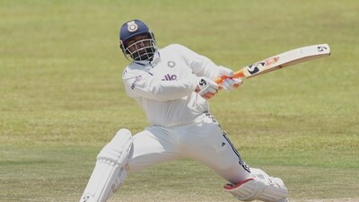 Rishabh Pant top-scored for India with a knock of 66. He also became the first Indian batter to hit 100 sixes in Tests. Overall, he took the least number of deliveries to achieve the feat, ahead of Adam Gilchrist, Ben Stokes and Brendon McCullum.&nbsp; (AP Photo/Eranga Jayawardena)