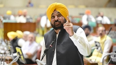 Punjab chief minister Bhagwant Mann. A row erupted over elderly participants performing as alleged beneficiaries of the Punjab government’s health scheme during the Independence Day event in Ferozepur (Raj Kumar/HT)