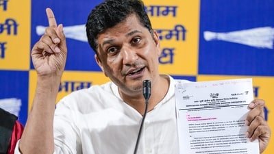 AAP Delhi President Saurabh Bharadwaj addresses a press conference, in New Delhi, Sunday, Aug. 9, 2026. (PTI) AAP Delhi President Saurabh Bharadwaj addresses a press conference, in New Delhi, Sunday, Aug. 9, 2026. (PTI)