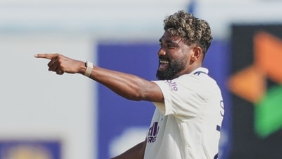 India's Mohammed Siraj celebrates the dismissal of Sri Lanka's Nishan Madushka. He provided the opening wicket to India courtesy a ripper of a bouncer.&nbsp; (AP Photo/Eranga Jayawardena)