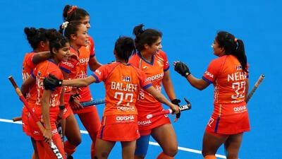The Indian women’s hockey team celebrates during the FIH Hockey World Cup 2026 Women's Pool D match between India and South Africa in Amstelveen, Netherlands. (Getty Images) The Indian women’s hockey team celebrates during the FIH Hockey World Cup 2026 Women's Pool D match between India and South Africa in Amstelveen, Netherlands. (Getty Images)
