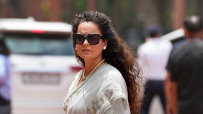 BJP MP Kangana Ranaut during the ongoing Monsoon session of Parliament, in New Delh. (PTI Photo/Arun Sharma)(PTI08_03_2026_000150A) (PTI)