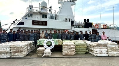 In this photo dated November 25, 2024, the Indian Coast Guard are seen with 5,500 kgs of prohibited drug Methamphetamine seized from a Myanmarese boat. (PIB/ Representational) In this photo dated November 25, 2024, the Indian Coast Guard are seen with 5,500 kgs of prohibited drug Methamphetamine seized from a Myanmarese boat. (PIB/ Representational)