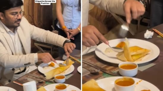 Snippets from a video showing a man teaching how to eat a dosa with cutlery. (Instagram/@westernwingsspokenenglish)