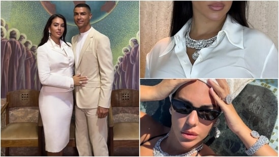 Minimal white suit. Maximum diamonds. Georgina Rodriguez said 'I do' to Cristiano Ronaldo, wearing Chopard jewellery. (Instagram/ voguemagazine)