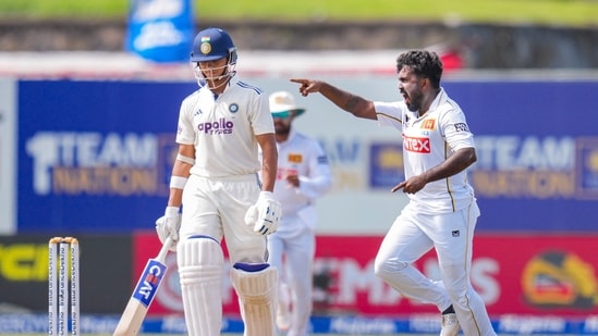 Sri Lanka's Asitha Fernando celebrates after taking the wicket of India's Yashasvi Jaiswal on day four of the first test cricket match (PTI)