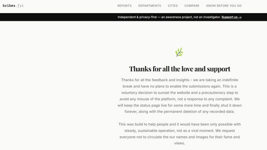 According to a message posted on the website, the step to shut down the website is “precautionary” to avoid any “misuse” of the platform. (bribes.fyi)