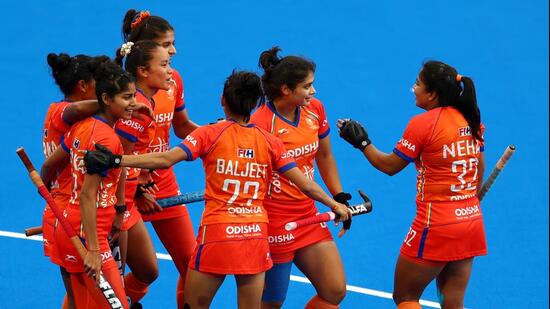 The Indian women’s hockey team celebrates during the FIH Hockey World Cup 2026 Women's Pool D match between India and South Africa in Amstelveen, Netherlands. (Getty Images)