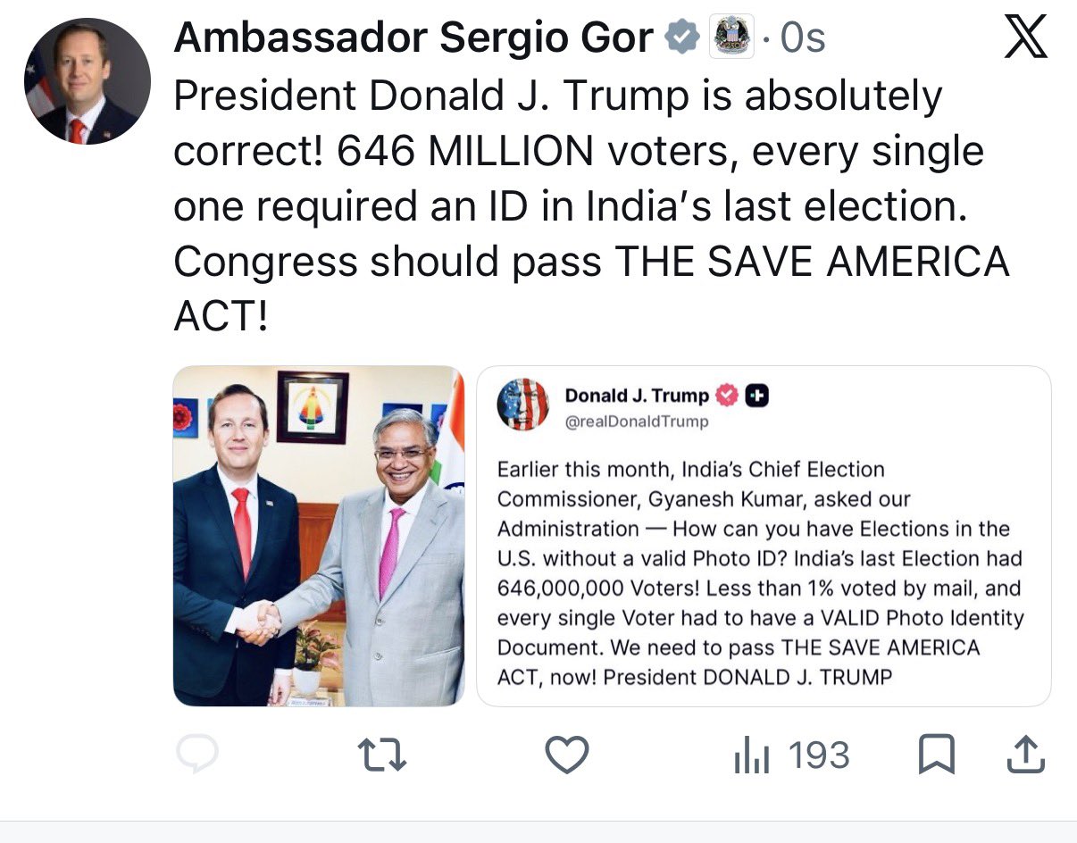 Sergio Gor doubles backs Donald Trump’s voter ID push. (X/SergioGor) Sergio Gor doubles backs Donald Trump’s voter ID push. (X/SergioGor)