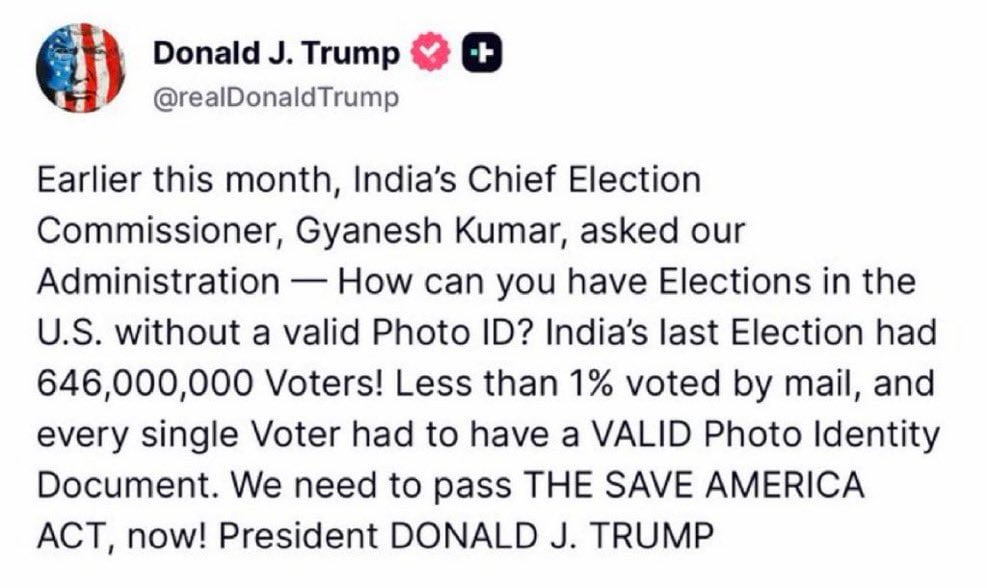 Donald Trump cites India's voter ID system. (Truth Social/Donald Trump) Donald Trump cites India's voter ID system. (Truth Social/Donald Trump)