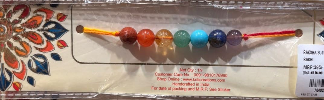 Seven-chakra rakhi featuring seven distinct semi-precious stones promote better overall well-being. Price:  ₹395